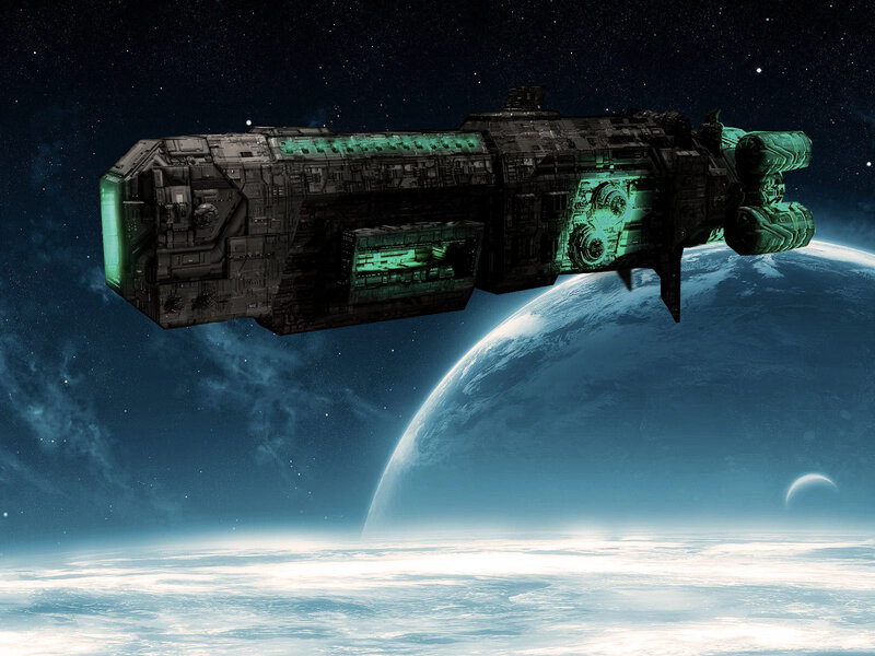 Spaceship Above Planet — Blue, Dramatic, Night