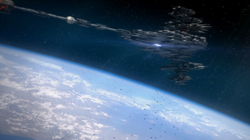 Spaceship Above Planet — Blue, Dramatic