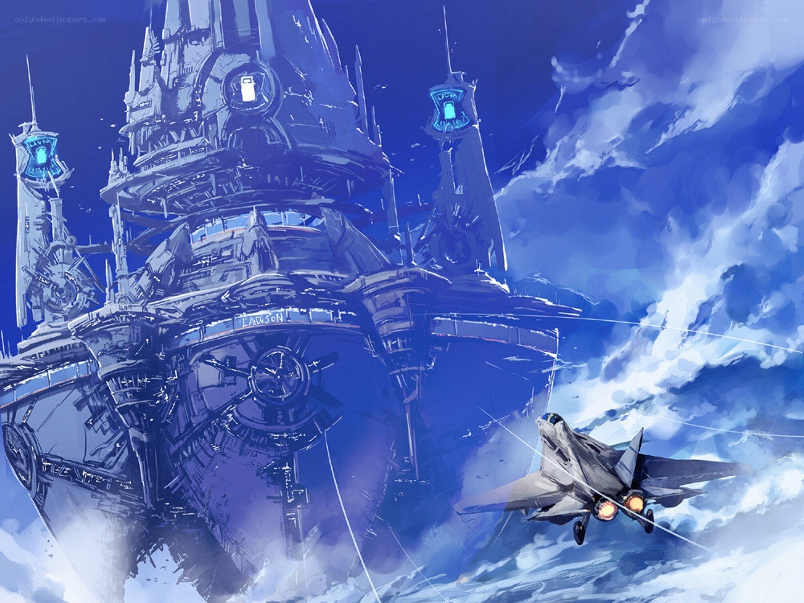 Spaceship and fighter jet in clouds