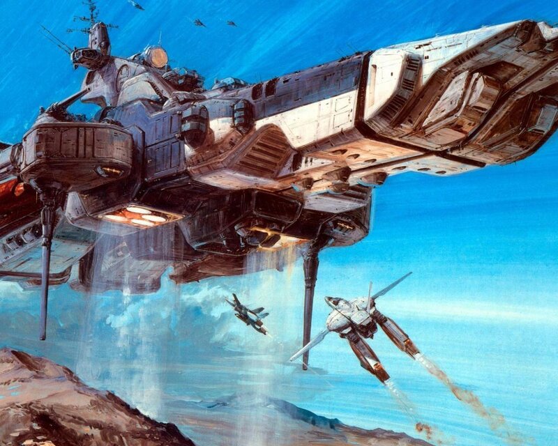 Spaceship and fighters in flight