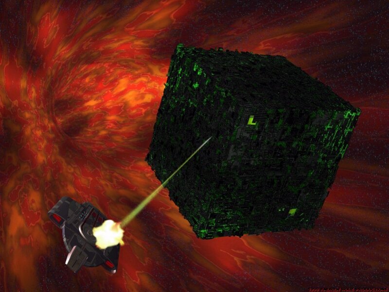 Spaceship attacks cube in space