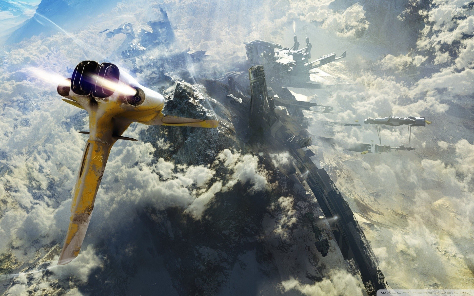Spaceship battle over a planet