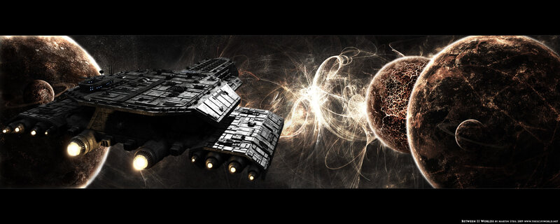 Spaceship between alien worlds
