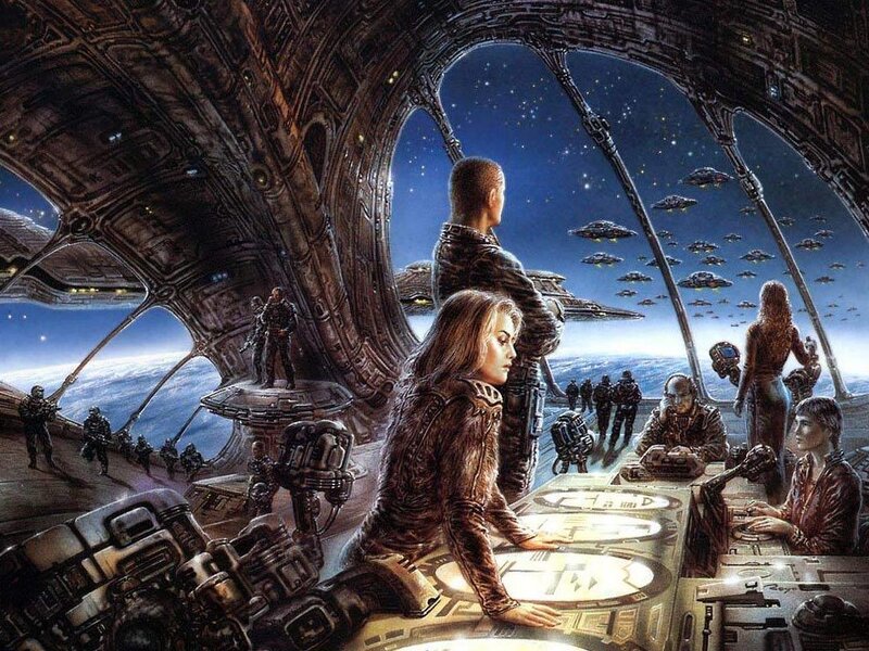 Spaceship bridge with alien fleet