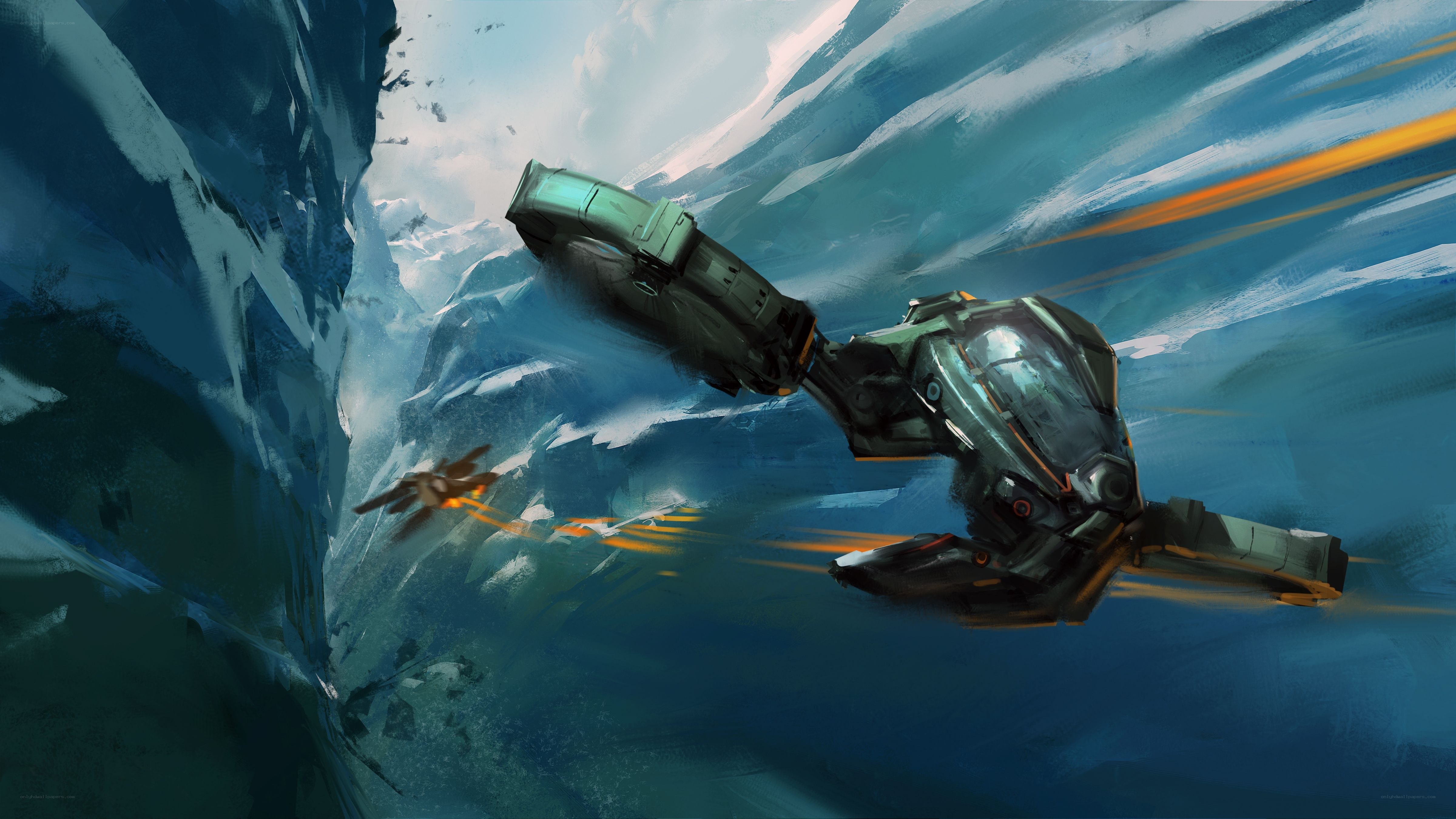Spaceship chase in icy canyon