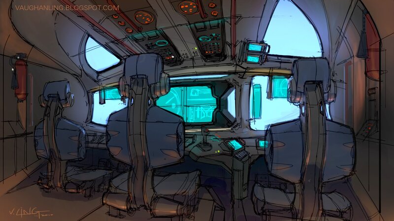 Spaceship Cockpit Interior — Blue, Dramatic, Digital Art