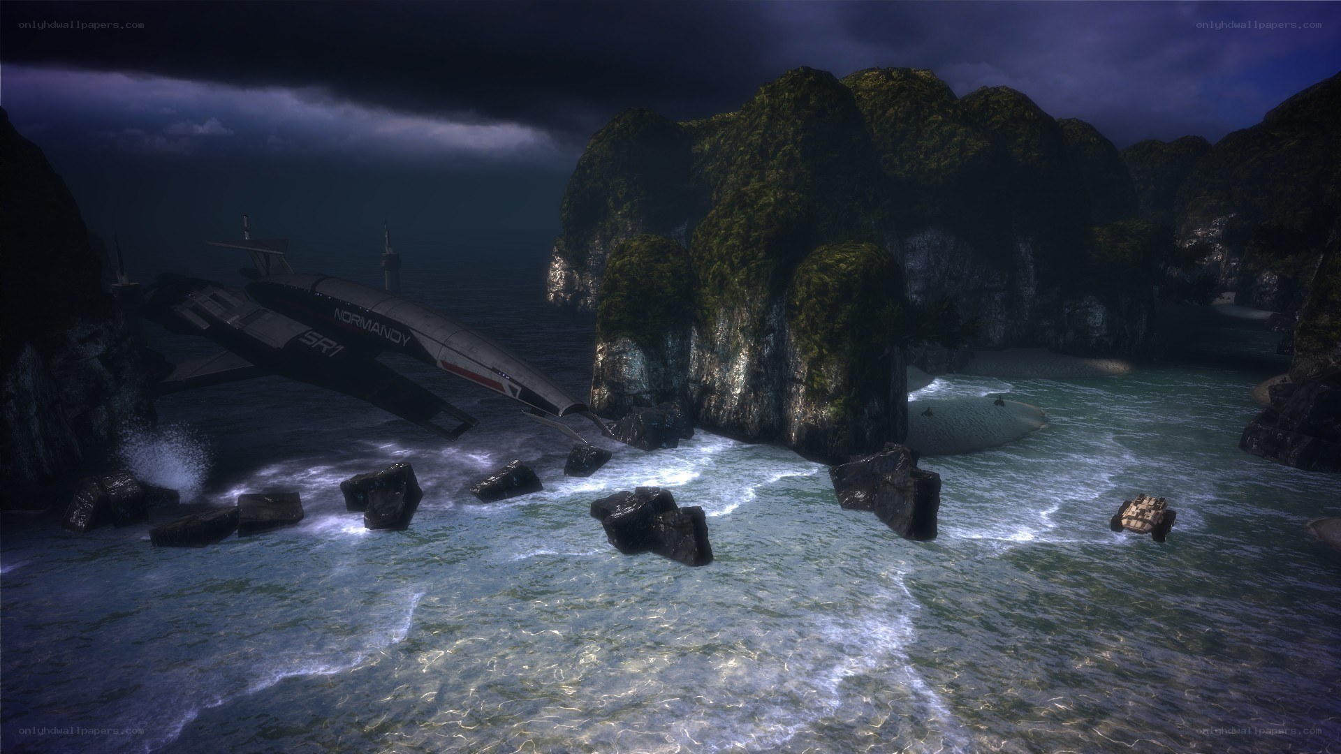 spaceship crash in rocky bay