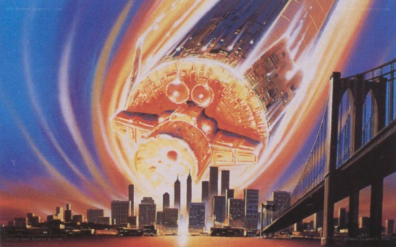 Spaceship crashing into city
