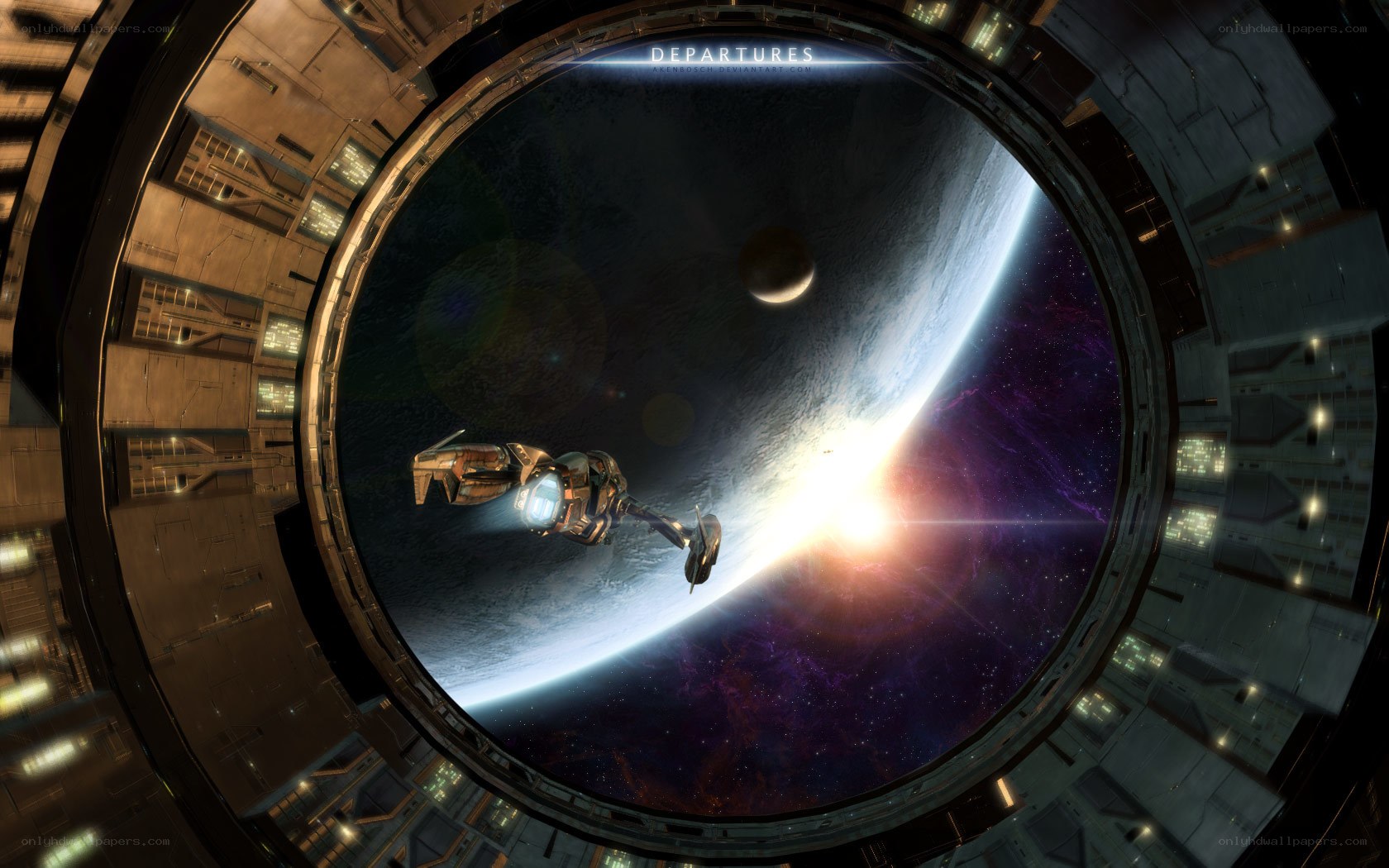 Spaceship departing from space station