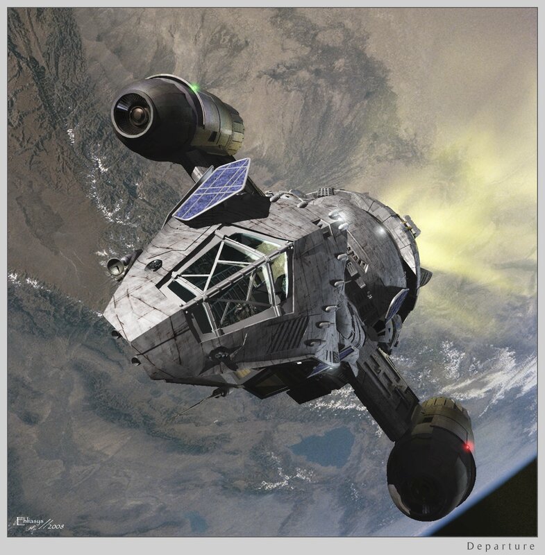 Spaceship departing planet