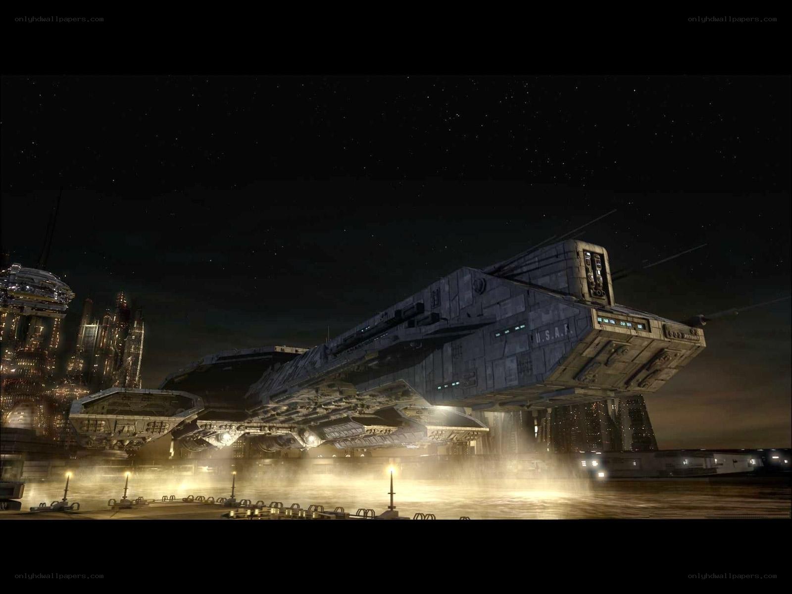 spaceship docked at night