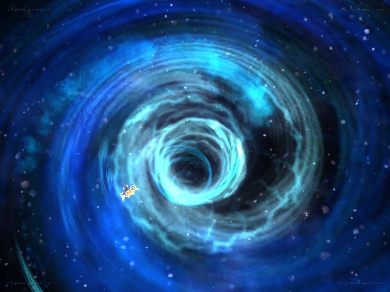 spaceship entering a blue wormhole