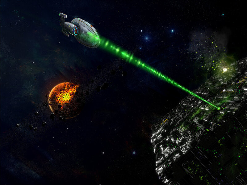 Spaceship firing green beam