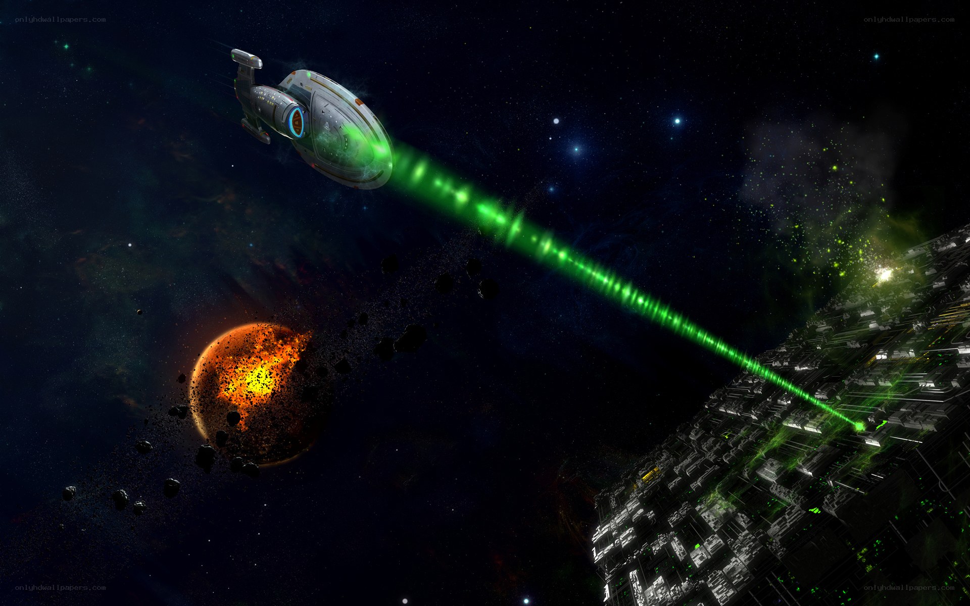 spaceship firing green beam