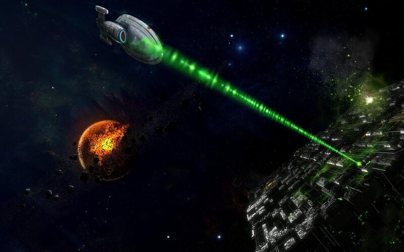 spaceship firing laser at station