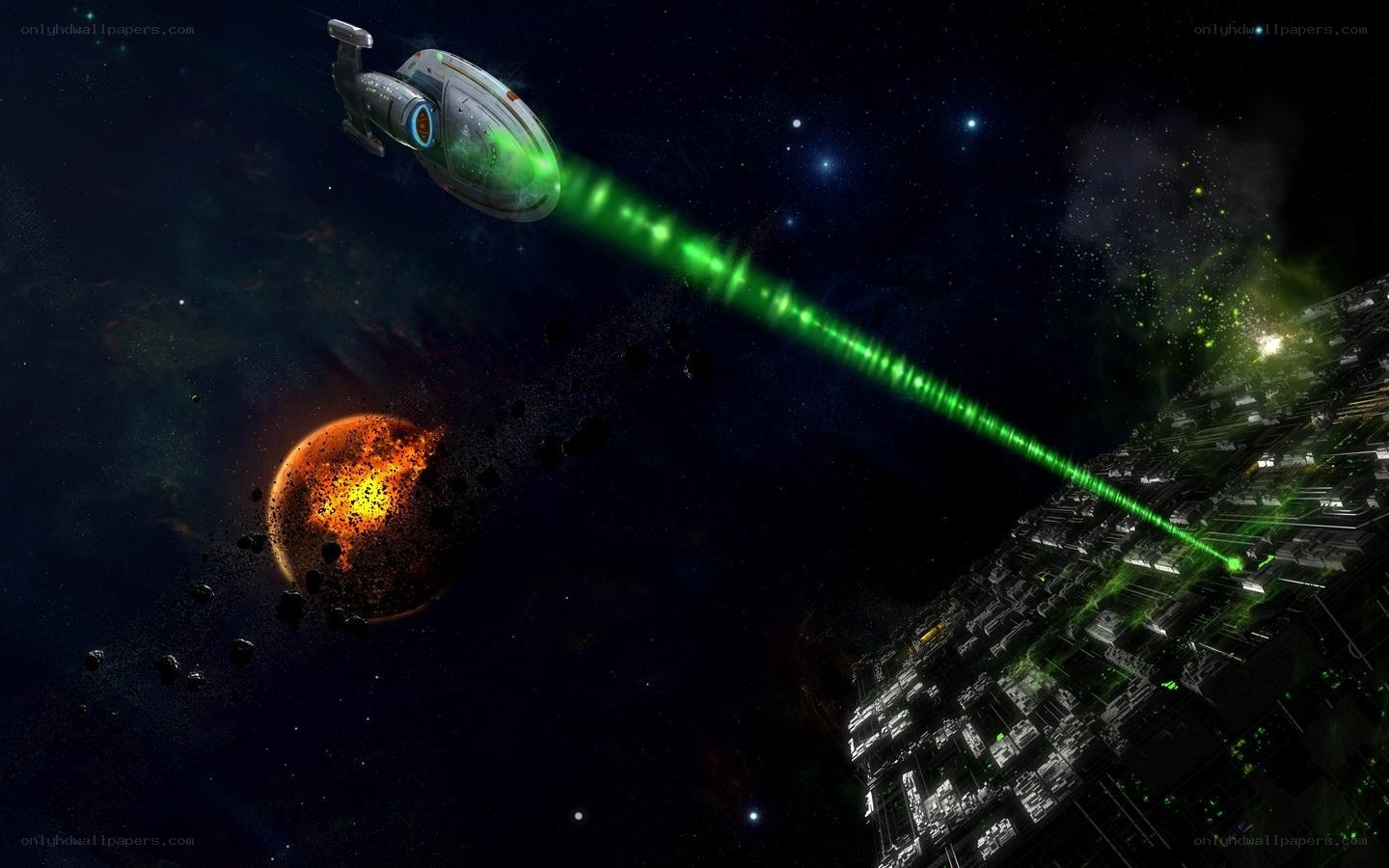 spaceship firing laser at station