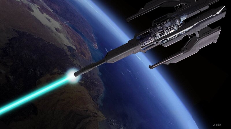 Spaceship firing laser in orbit