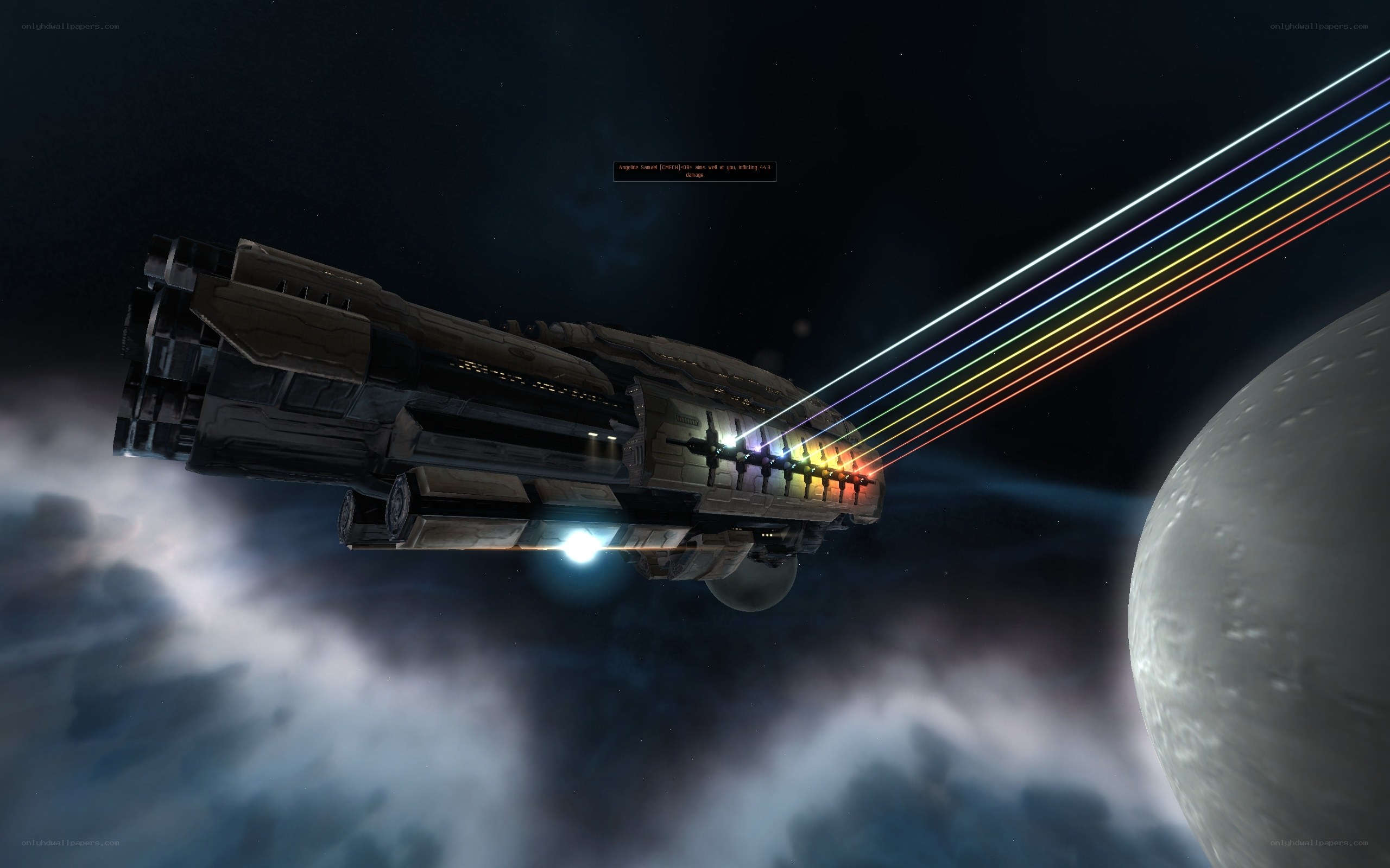 spaceship firing rainbow beams