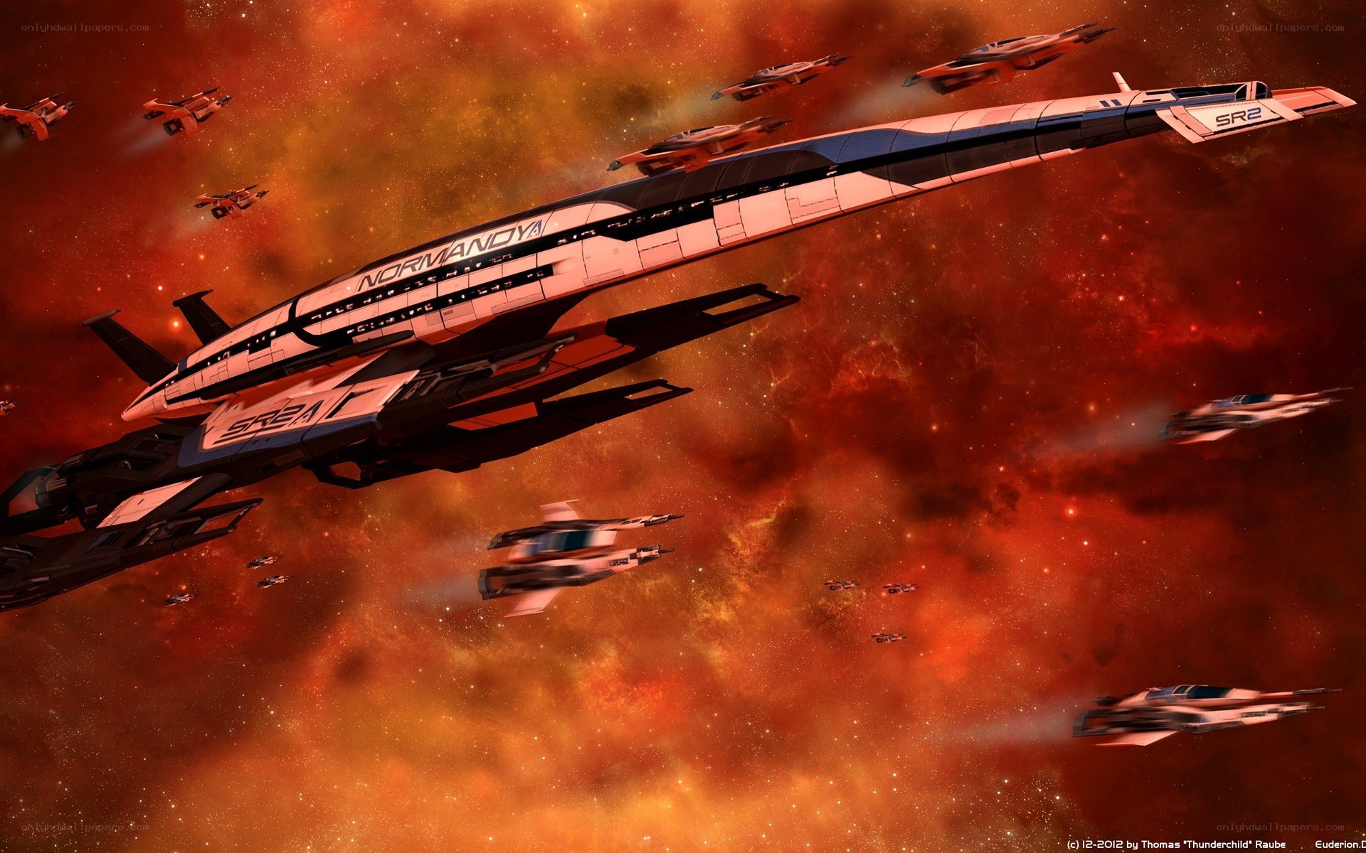 Spaceship fleet in nebula