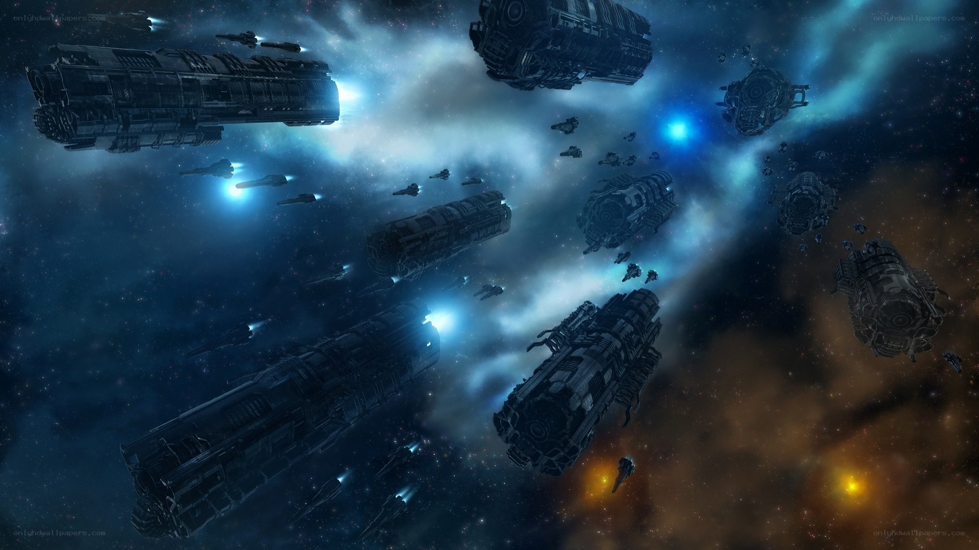 Spaceship fleet in nebula