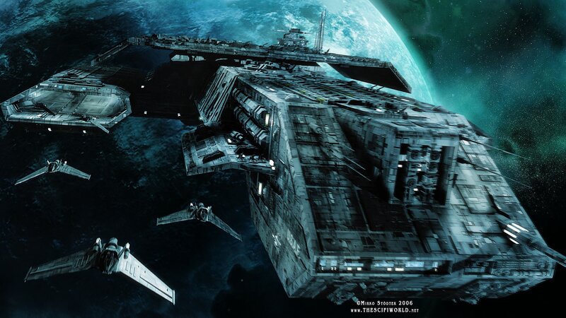 Spaceship Fleet in Orbit — Blue, Dramatic, Digital Art