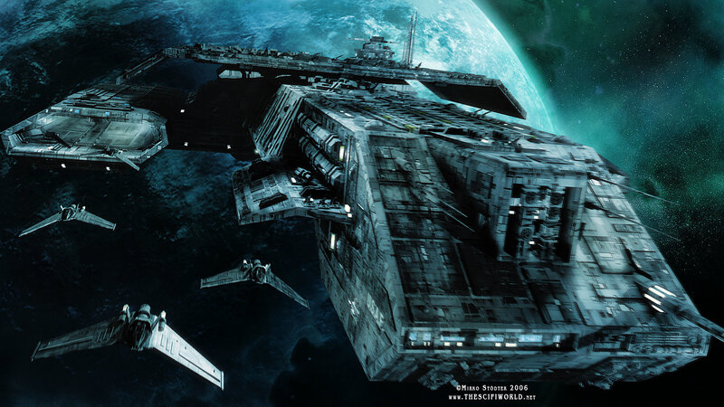 Spaceship Fleet in Orbit — Blue, Dramatic