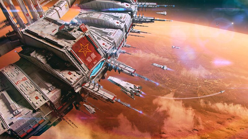 Spaceship Fleet in Orbit — Orange