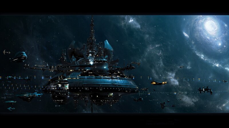Spaceship Fleet in Space — Blue, Dramatic, Night