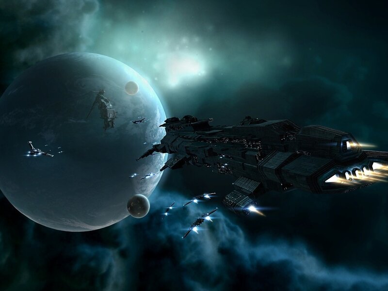 Spaceship Fleet in Space — Blue, Dramatic