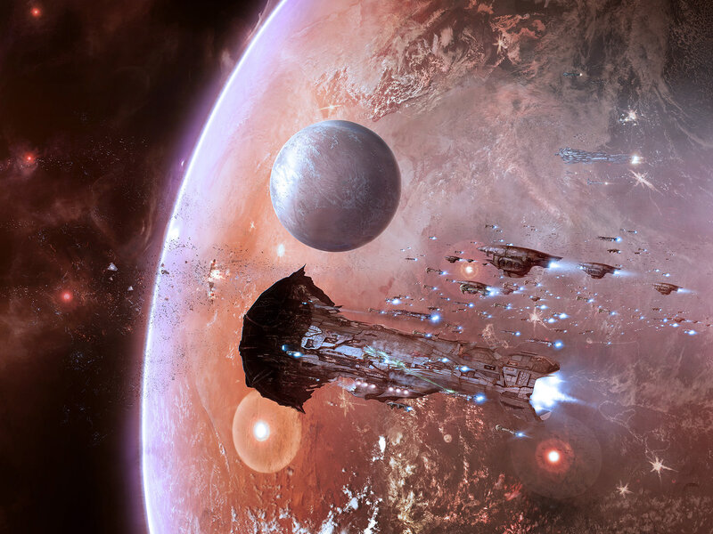 Spaceship fleet near alien planet