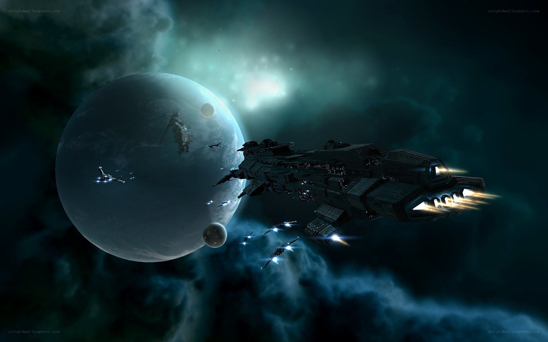 Spaceship fleet near planet