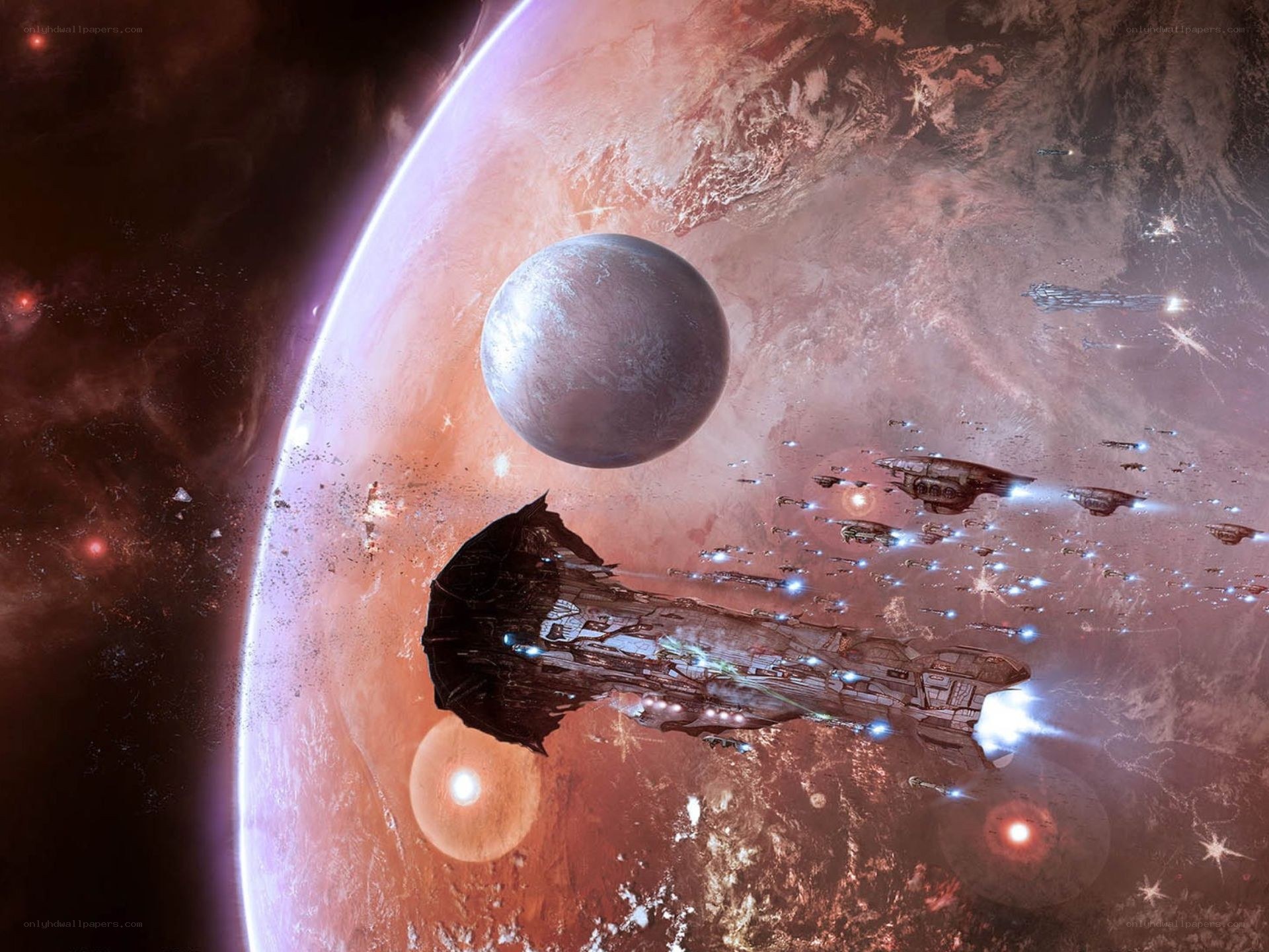 Spaceship fleet near planet
