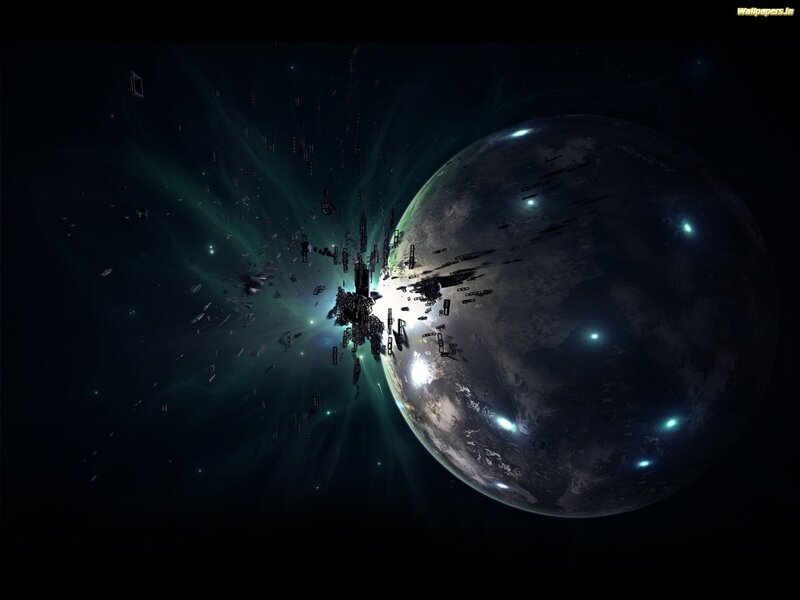Spaceship Fleet Near Planet — Black