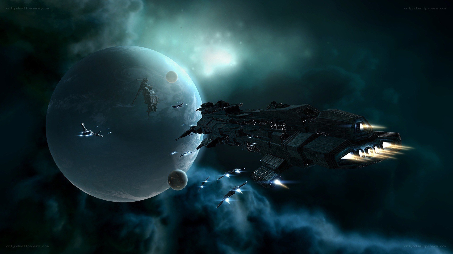 Spaceship fleet near planet
