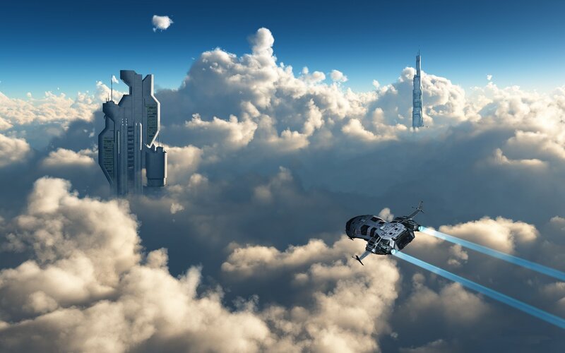 Spaceship Flying Above Clouds