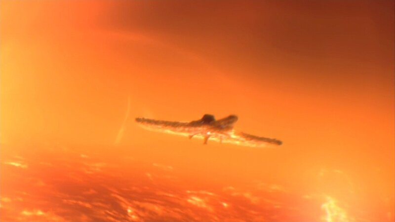 spaceship flying over a star
