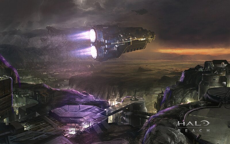 Spaceship Flying over Alien Landscape — Purple