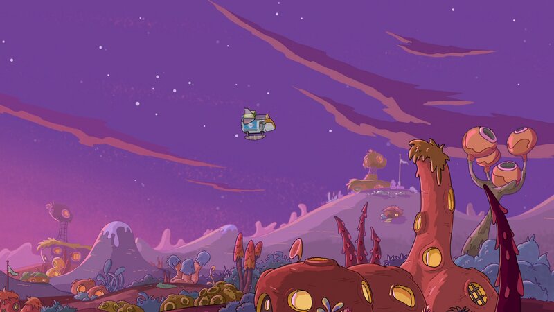 Spaceship Flying over Alien Planet — Purple