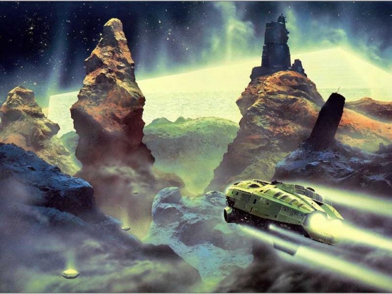Spaceship flying over alien planet