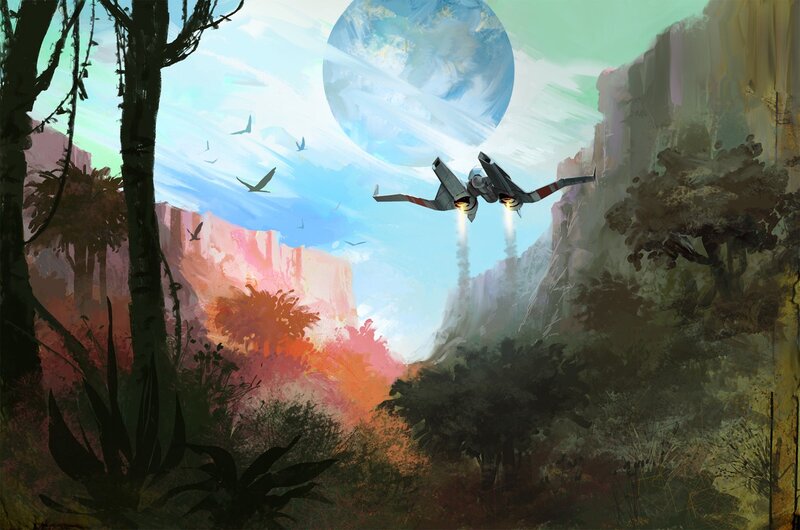 Spaceship Flying over Canyon — Blue