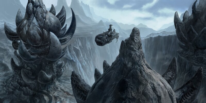 Spaceship Flying over Canyon — Gray, Dramatic