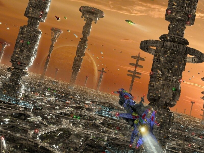 Spaceship Flying over City — Orange