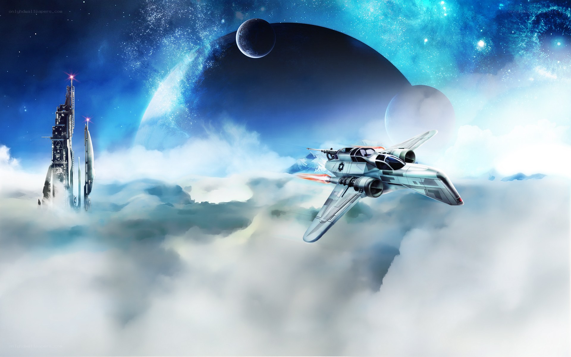 Spaceship flying over clouds