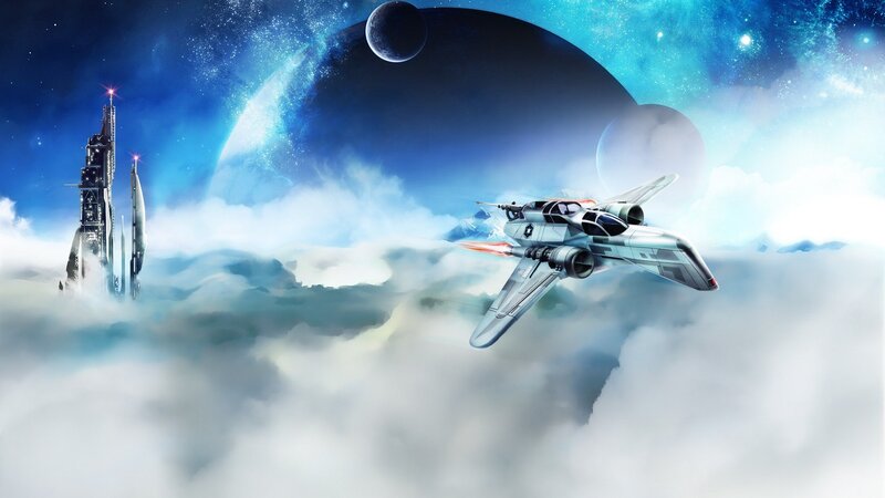 Spaceship flying over clouds