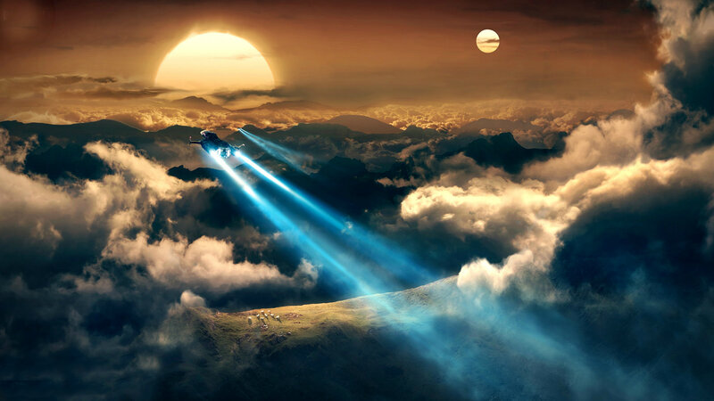 Spaceship Flying over Clouds — Blue