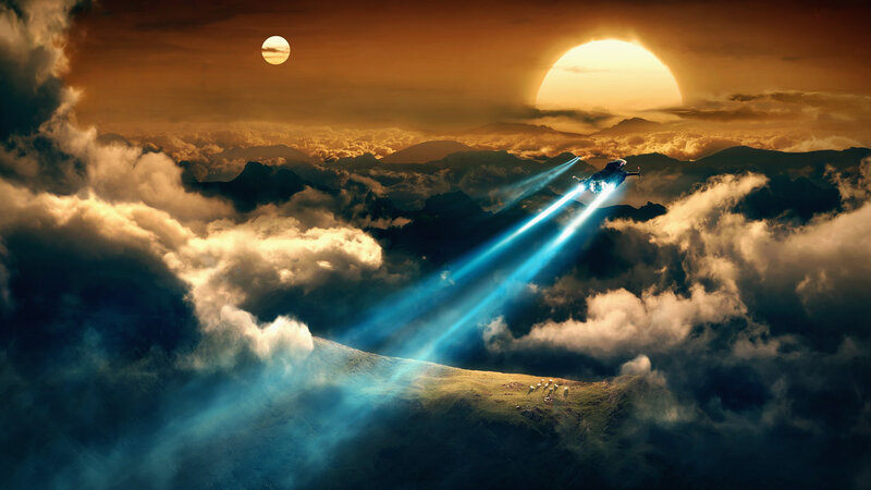 Spaceship Flying over Clouds — Orange