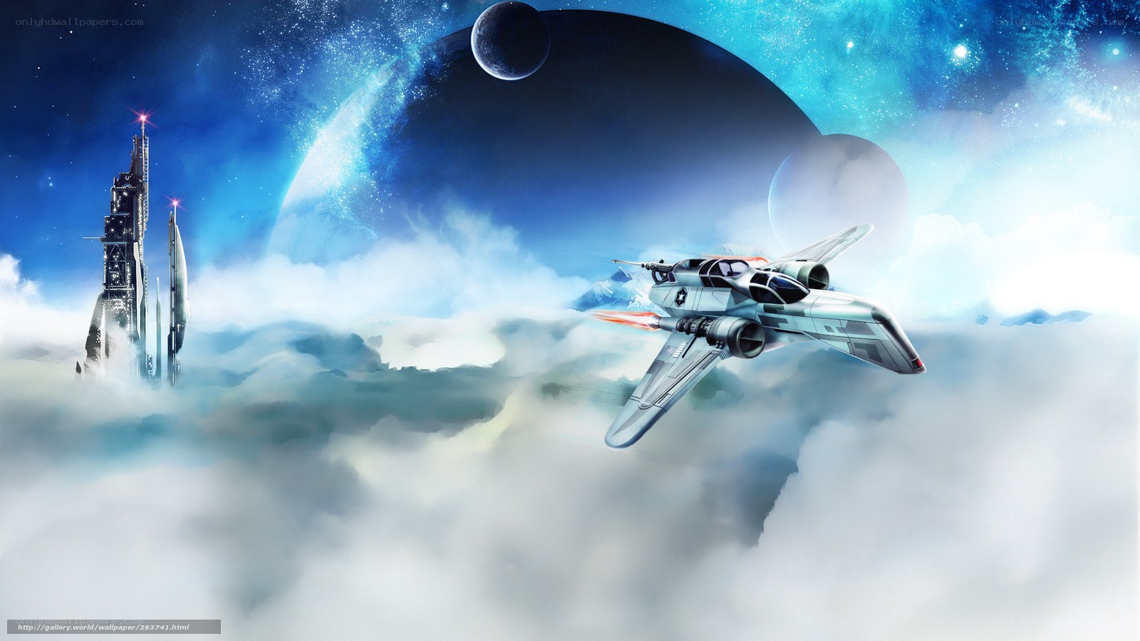 Spaceship flying over clouds