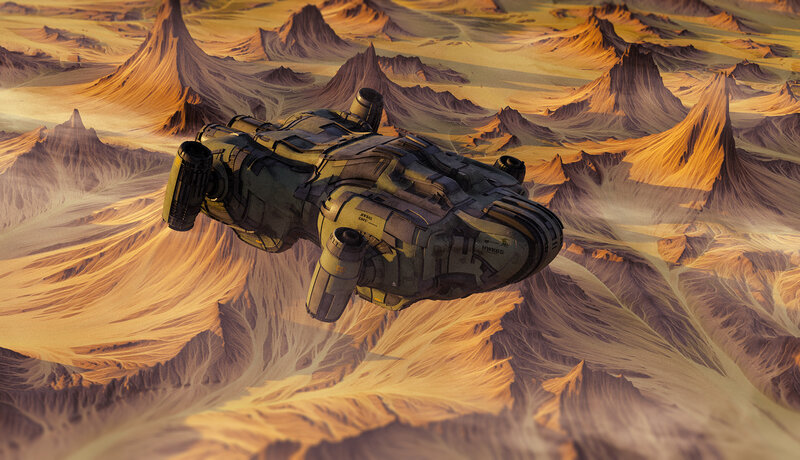 Spaceship Flying over Desert — Brown