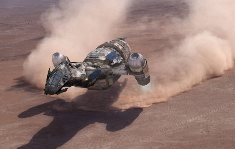 spaceship flying over desert