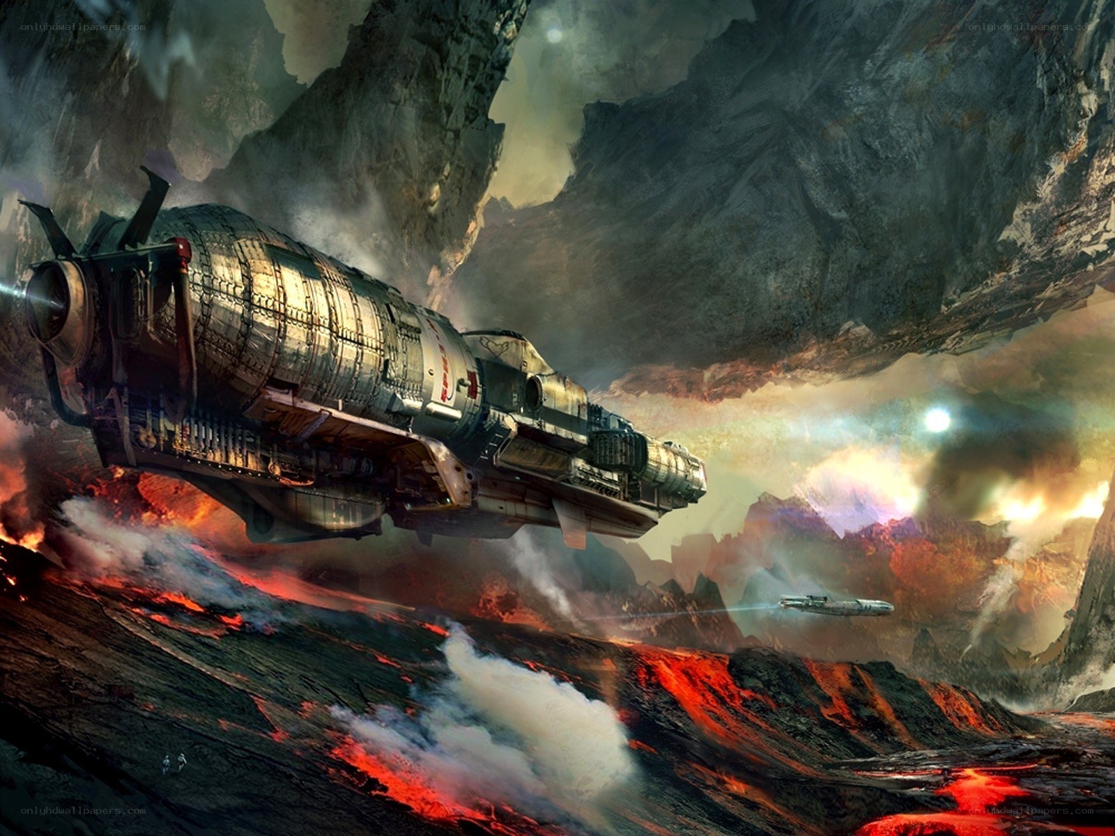 Spaceship flying over lava planet